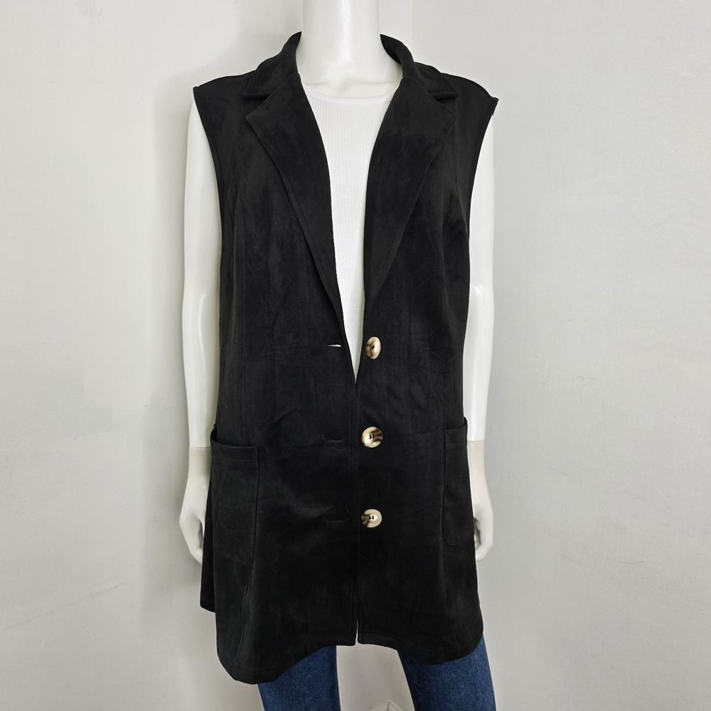 Agnes Orinda Faux Suede Vest Sleeveless Utility Sz 2X Black Pockets Stretch NWT